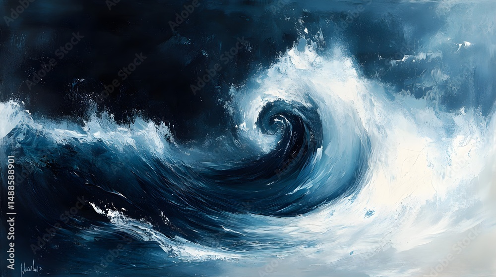 Poster a dynamic oil painting captures a powerful ocean wave in swirling blues, expressing raw oceanic ener