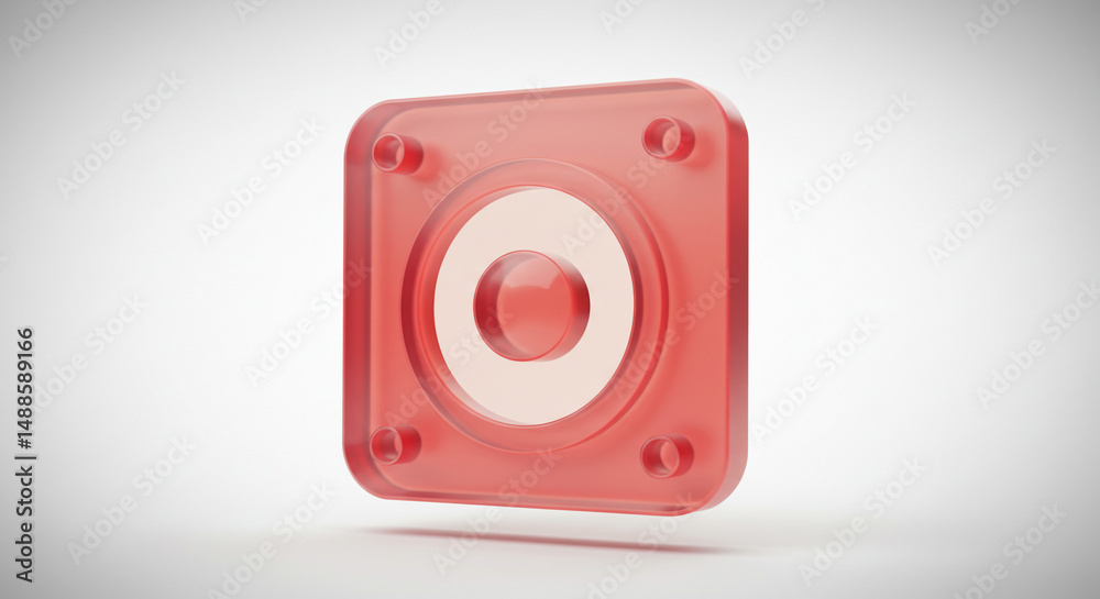 Poster A translucent red square object with a white circle and rounded edges on a white background