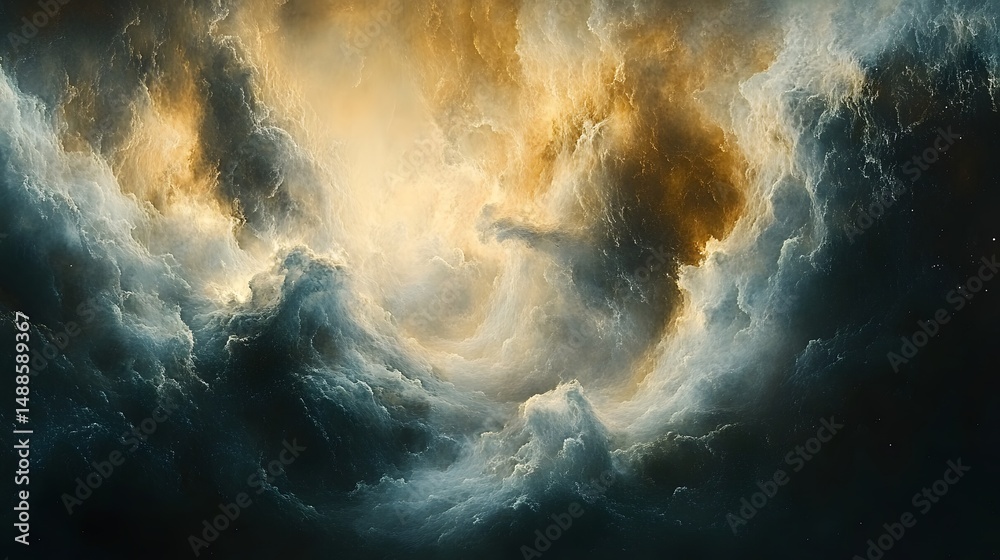 Poster a captivating nebula unfolds with a golden core, radiating light through swirling clouds. its ethere