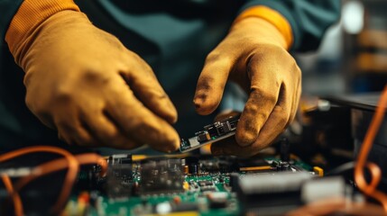 A US technician assembling computer components, wearing safety gloves, isolated on white,