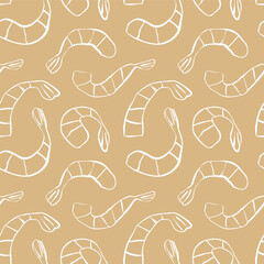 Seamless pattern with white hand-drawn shrimps on sand yellow background in one line without shadows for surface design