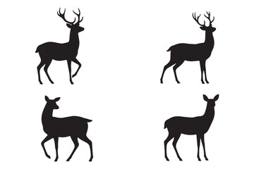A vector illustration features a set of black deer silhouettes, including stag and reindeer with antlers, evoking a wild animal and nature design