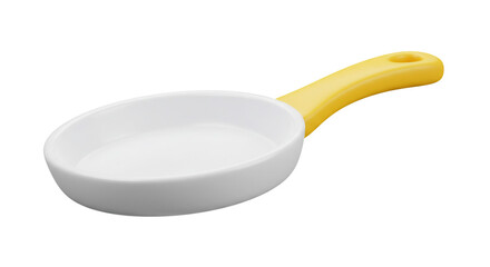 A white ceramic frying pan with a yellow handle isolated on a white background in a studio shot