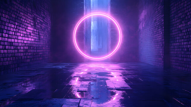 Neon Light Circle in a Dark Alley with Wet Cobblestones - Powered by Adobe