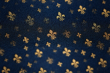 Close-up view of a navy blue textured surface adorned with golden fleur de lis patterns