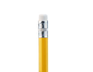 Bright yellow pencil with eraser on top in transparent background