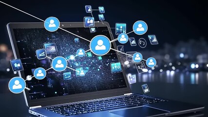 Laptop displaying digital connections and user icons against a city skyline at night - Powered by Adobe