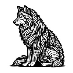 Detailed illustration of a wolf sitting in a side profile view  