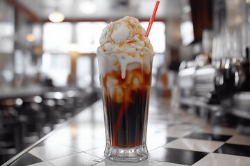 Root Beer Float Bubbling in Classic Soda Fountain with Nostalgic Retro Atmosphere