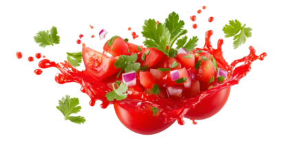 Fresh tomato salsa splash with parsley isolated on white