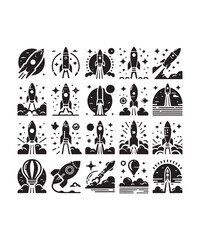 Rocket launching silhouette vector illustration isolated on a white background, Rocket icons set.