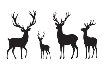 A vector set features wild deer and reindeer silhouettes, including stag, buck, and elk with antlers, perfect for nature or Christmas illustrations