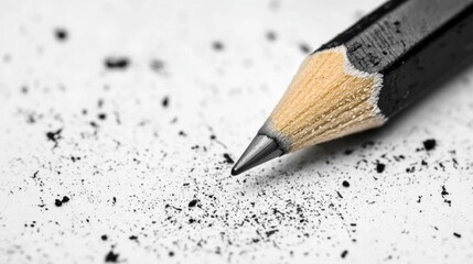 Close-up of a pencil with a sharpened tip. the pencil is resting on a white surface with small black speckles scattered around it.