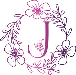 Pink to purple letter J floral wreath illustration