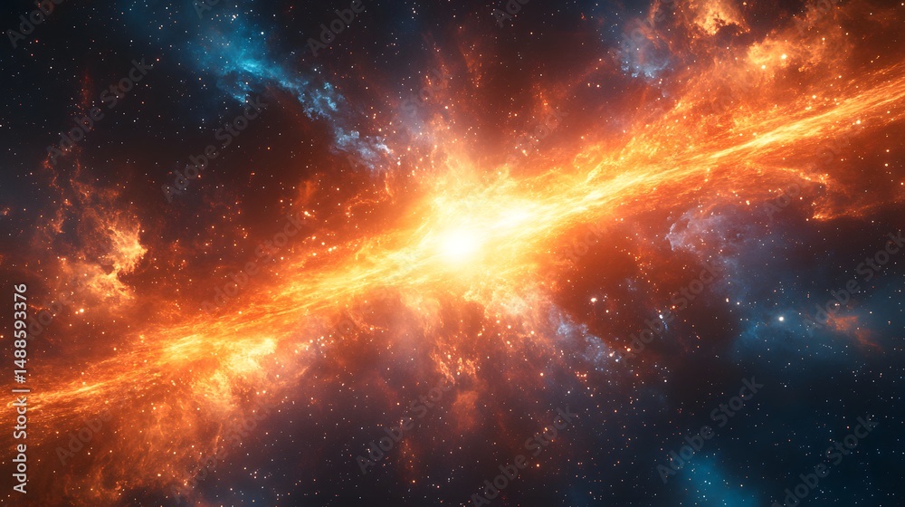 Poster a radiant cosmic streak dominates this celestial canvas. fiery nebulae and twinkling stars evoke won