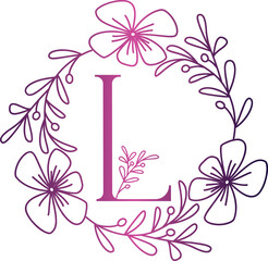 Obraz premium Pink to purple letter L floral wreath illustration
