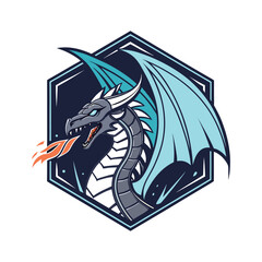 Fire-Breathing Blue Dragon Mascot Logo in Dark Emblem