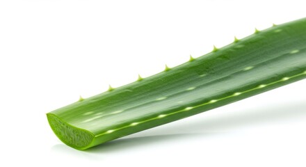 Fresh Aloe Vera Leaf Cut - Close-up of a fresh, cut aloe vera leaf, showcasing its vibrant green color and serrated edges, isolated on a white background