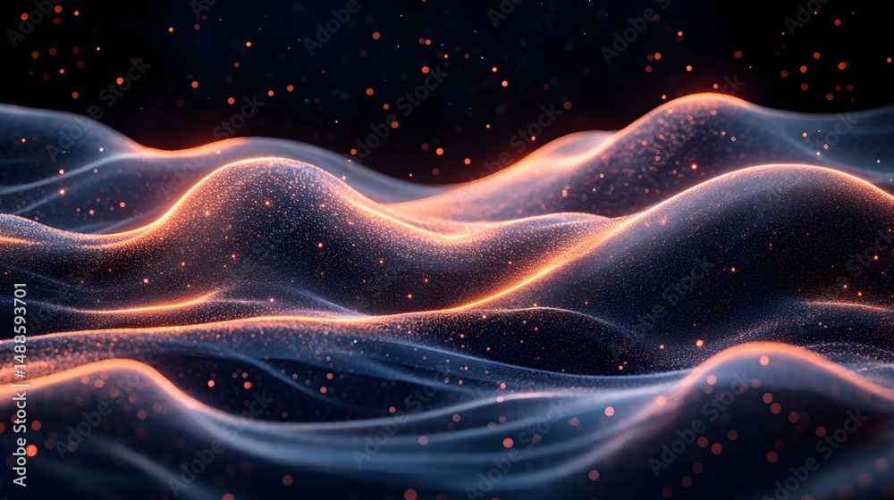 Poster Futuristic landscape with dark, textured waves illuminated by orange lights and soft blue haze. Bokeh lights in the background add depth. Astronomy and Galaxy backgrounds