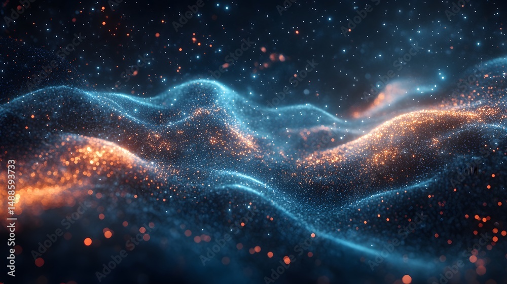 Poster vibrant cosmic landscape rendering with undulating blue and orange light waves amidst a dark, starry