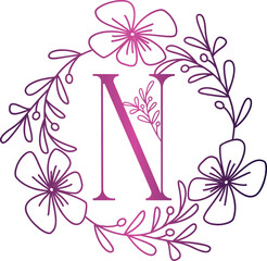 Pink to purple letter N floral wreath illustration
