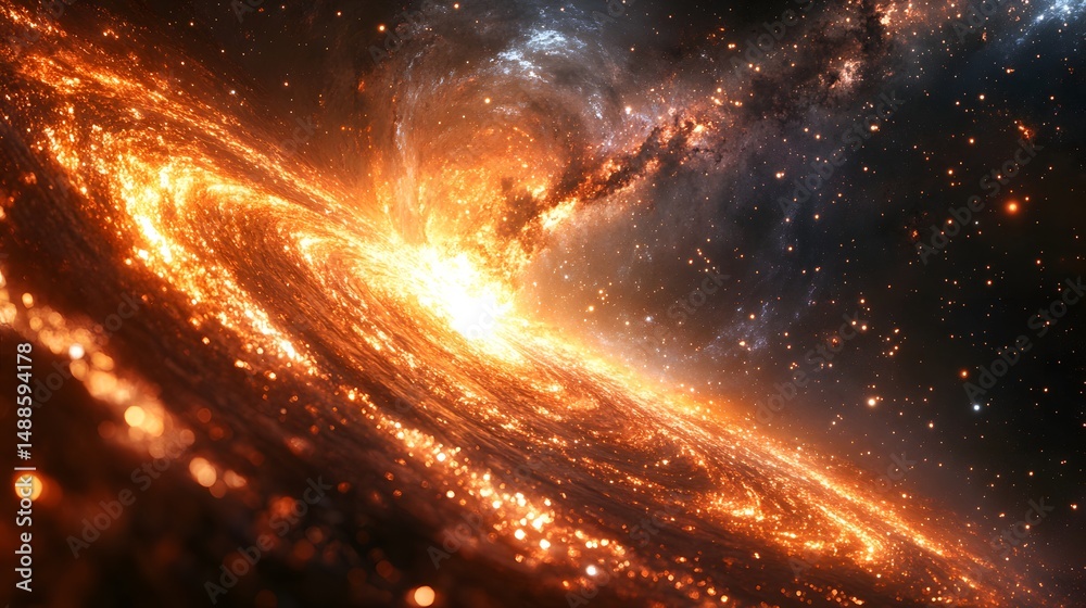 Poster a fiery spiral galaxy explodes with light and energy. intense star formation and a bright core make 