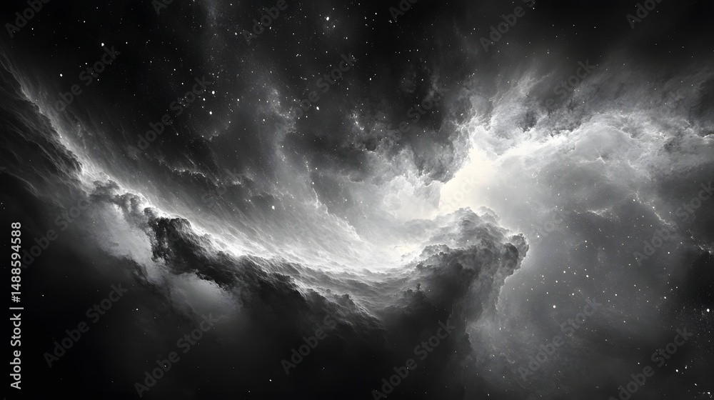 Poster a monochrome vision of cosmic wonder reveals a nebula's heart. luminous gas dances with stardust, cr