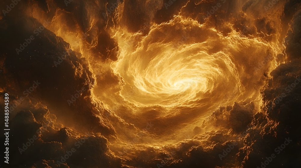Poster Celestial vortex of swirling clouds, bathed in golden light. Depth and movement create a powerful, textured phenomenon with contrasting light and shadows. Astronomy and Galaxy backgrounds.