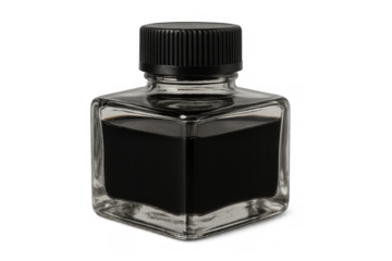 Small clear glass inkpot containing black ink, isolated on transparent background, ideal for graphic design projects
