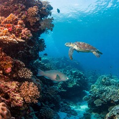 Fototapeta premium A parrotfish and sea turtle glide through coral reef alive with glowing blue, pink, orange, and flickering golden light.