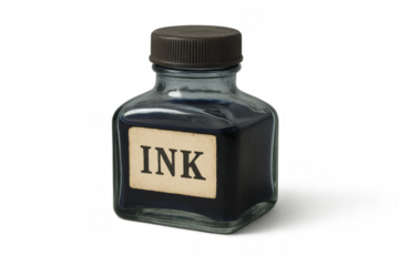 Old-fashioned glass inkwell containing dark ink, isolated on transparent background, perfect for vintage or writing-themed projects
