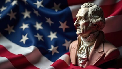 Close-up of American flag draped over a bust of George Washington , dc, fabric