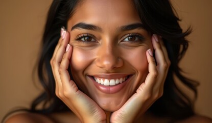Young indian woman with glowing healthy skin holds hands on face in contemplative pose, showcasing natural beauty and radiant complexion with soft lighting and neutral background