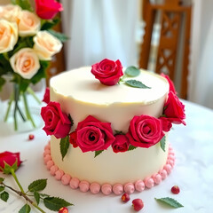 Naklejka premium Elegant White Velvet Cake Decorated with Roses