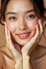 Young woman with glowing healthy skin holds hands on face in contemplative pose, showcasing natural beauty and radiant complexion with soft lighting and neutral background