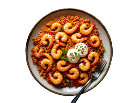 Fried shrimps on top of Sayadieh red rice, French fries, Ketchup, Tahini, Crea on a plate