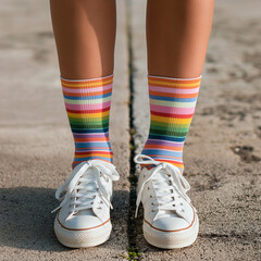 Feet in rainbow-striped socks and white sneakers