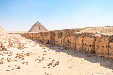View of the Pyramid of Menkaure from the base of the Pyramid of Khafre on the Giza plateau. Cairo
