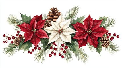 A festive watercolor painting showcasing a classic Christmas arrangement.