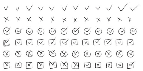 Check marks hand drawn doodle set. tick, cross signs for checkbox, checklist, v and x in sketch se