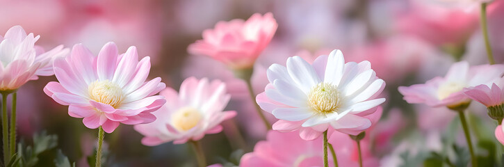 Fototapeta premium Close-up of beautiful pink and white ranunculus flowers in full bloom, pink, flowers, nature