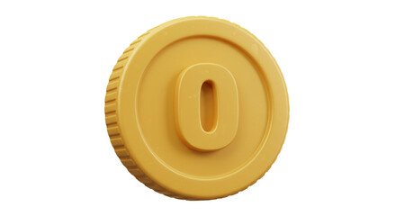 Isolated close up of a single golden coin with a raised zero on a white background in a studio shot