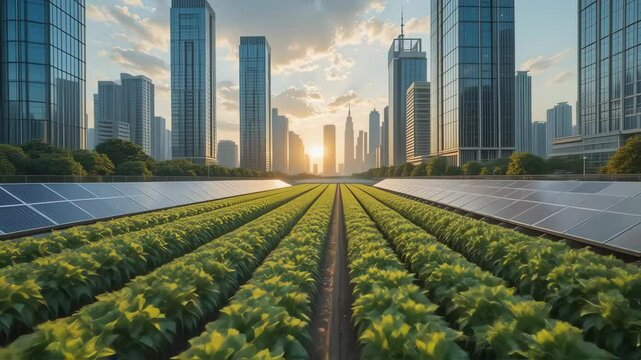 Sustainable urban agriculture with solar panels and crops set against a city skyline at sunset