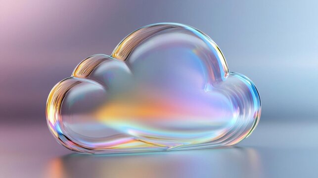 3d rendering of a cloud-shaped object. the cloud is made up of multiple layers of transparent glass, creating a rainbow-like effect.