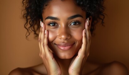 Young woman with glowing healthy skin holds hands on face in contemplative pose, showcasing natural beauty and radiant complexion with soft lighting and neutral background