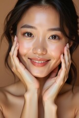 Young woman with glowing healthy skin holds hands on face in contemplative pose, showcasing natural beauty and radiant complexion with soft lighting and neutral background