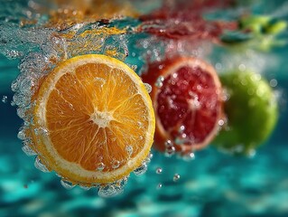Orange Grapefruit Lime in Dynamic Water - Fresh Citrus Slices with Bubbles and Light Reflections