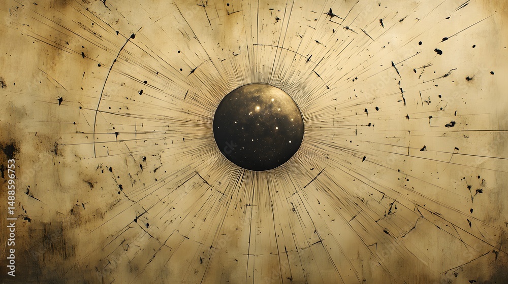 Poster a celestial portal beckons from a distressed golden background. radiating lines draw the eye to a da