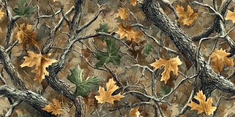 Camo Pattern with Tree Branches and Leaves