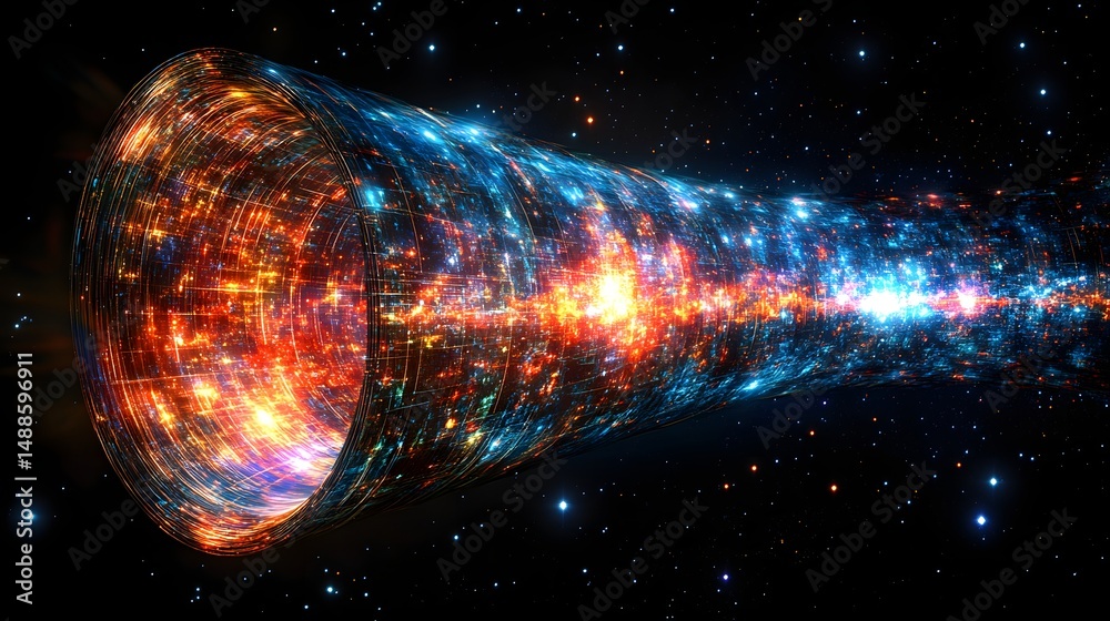 Poster Cosmic tunnel of light and color, a gateway to another dimension. Stars illuminate a vast expanse. Energy flows. Captivating interstellar phenomenon. Astronomy and Galaxy backgrounds.